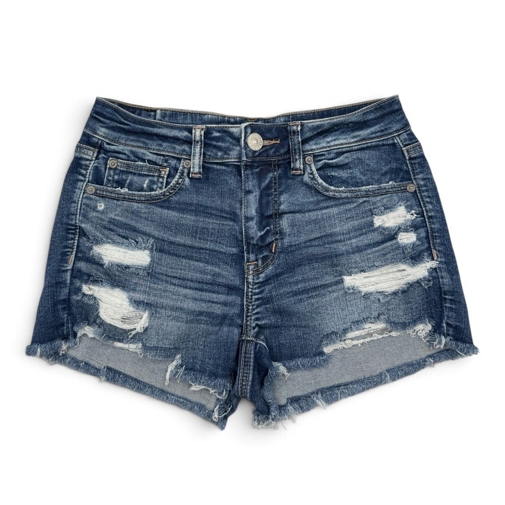 American Eagle Hi-Rise Shortie Distressed Next Level Stretch Blue Denim Shorts 4